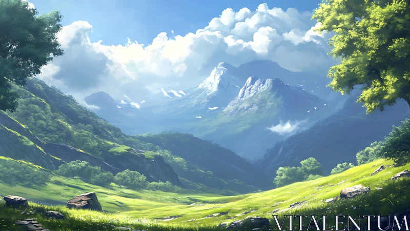 Atmospheric perspective defines sunlit alpine valley with distant peaks
