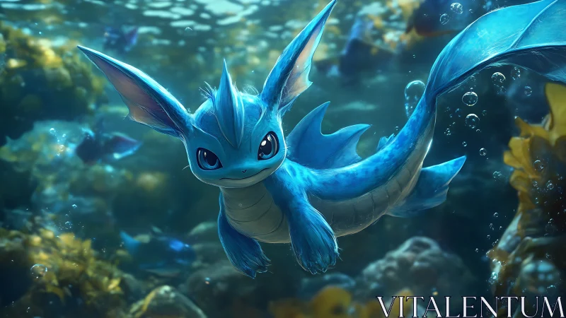 Blue aquatic creature swims through luminous reef water