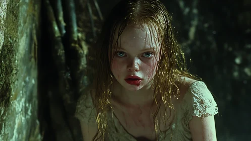 Frightened girl crouches in damp cavern under harsh light