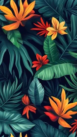 Tropical foliage pattern with vivid orange and red flowers.