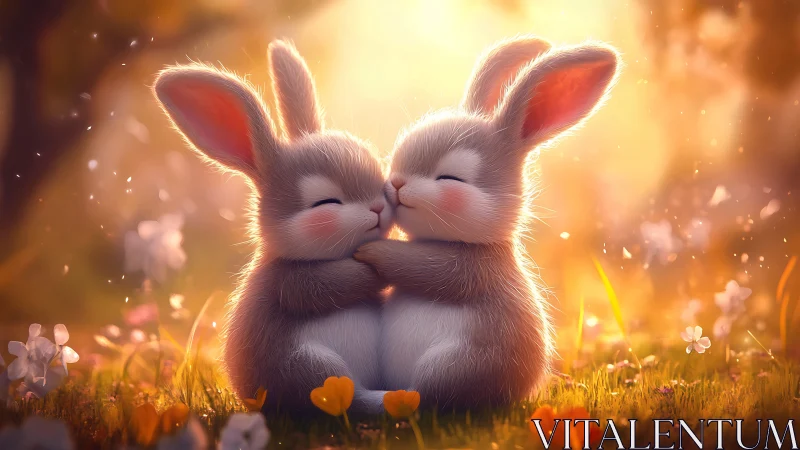 Softly glowing bunny cuddle in golden spring meadow.