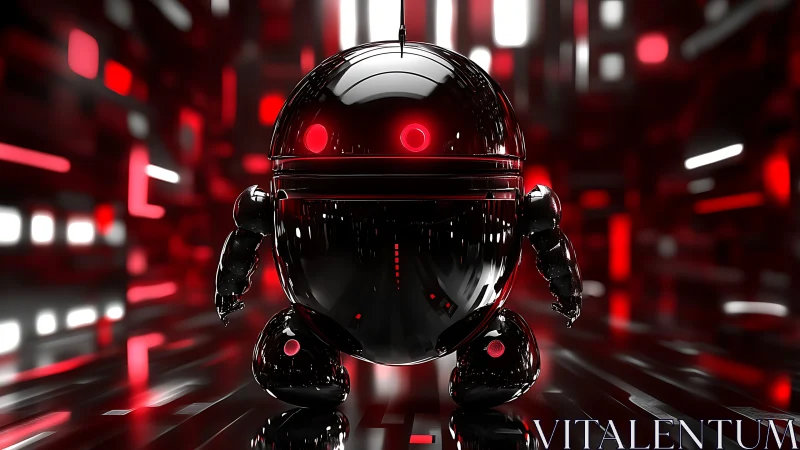 Glossy black robot in red illuminated digital corridor.