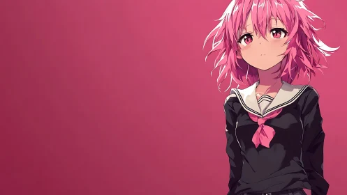 Melancholic anime schoolgirl stands against bold pink void