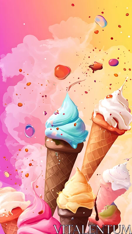Colorful ice cream cones against bright gradient background.