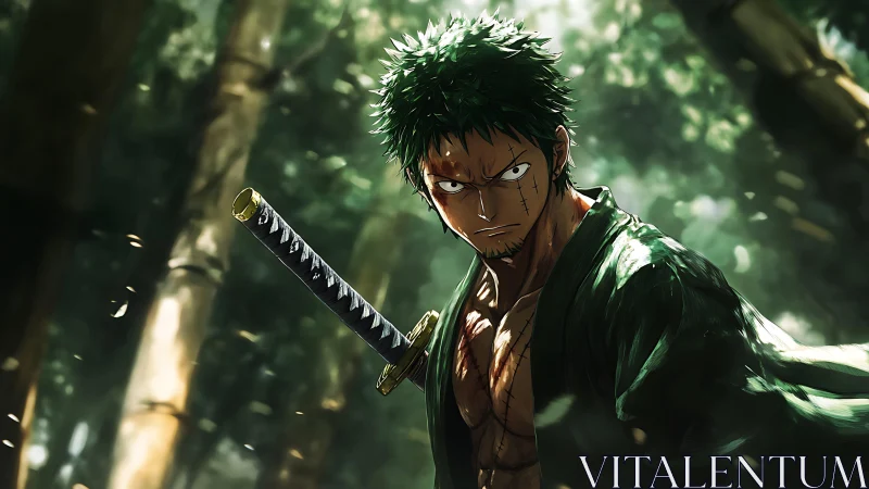 Green-haired swordsman stands in dense, sunlit bamboo forest