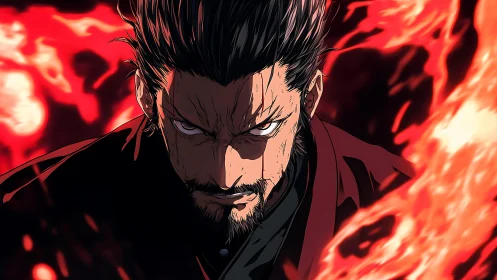 Intense anime warrior with blazing red fire aura focus.