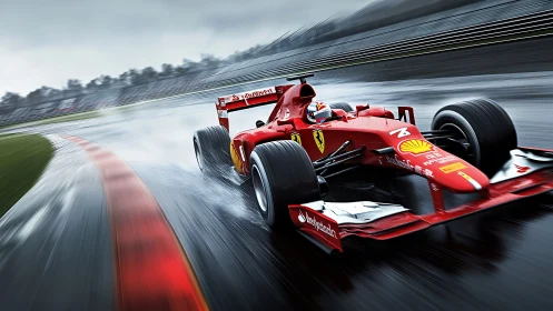 Red Formula 1 car cornering on wet racetrack at high speed