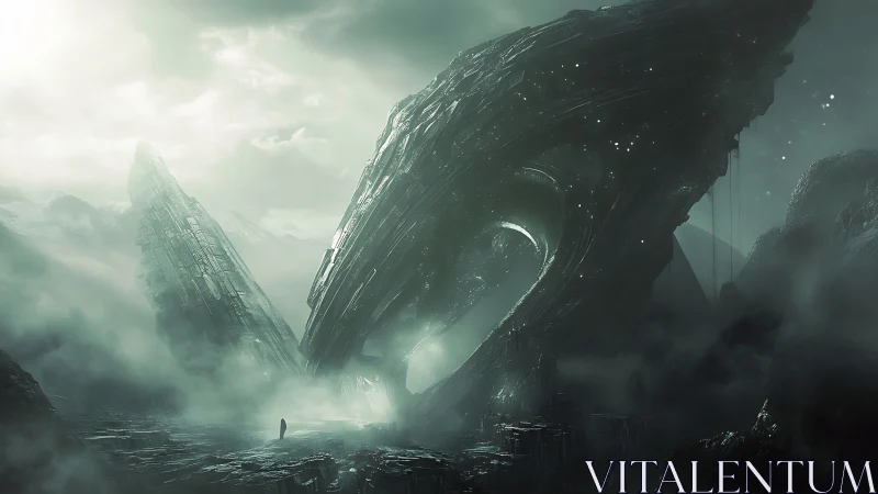 Colossal extraterrestrial ringwreck in glacial fog basin.