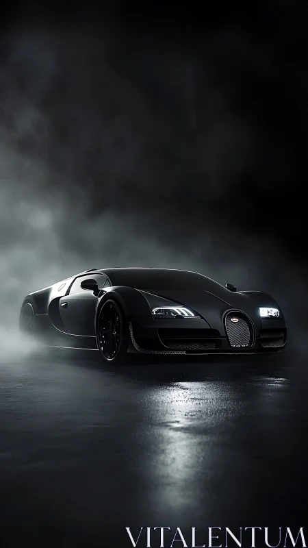 Midnight hypercar prowls through mist like polished thunder