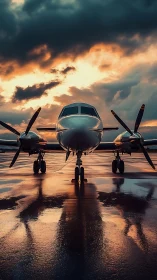 Twin engine turboprop aircraft parked on wet runway at dusk
