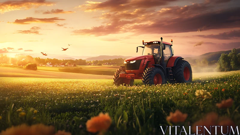 Red tractor in flowering field under low evening sunlight.