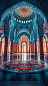 Interior view of ornate domed hall with symmetrical arches