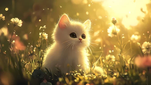 White Kitten in Golden Flowers Field