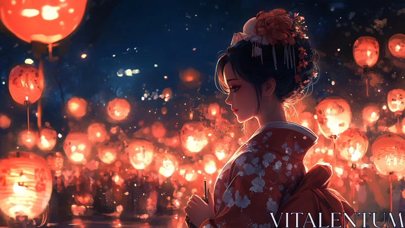 Lantern-lit kimono dreamer amid ember-bright festival glow.