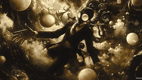 Gas-masked figure drifts through cosmic tentacled void.