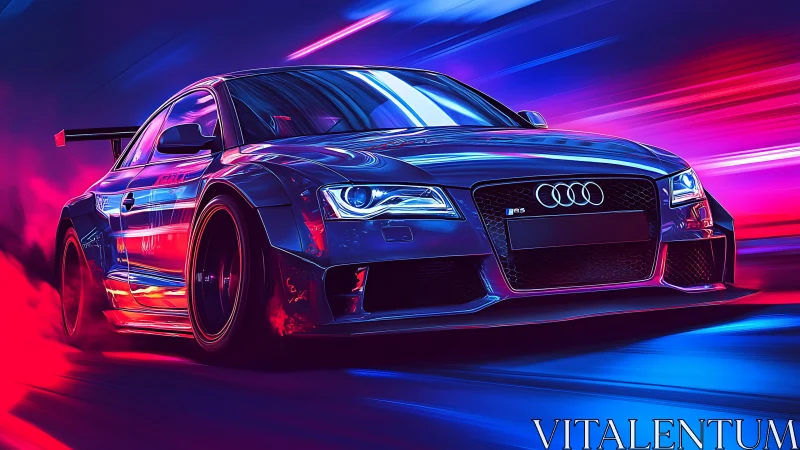 Neon-lit sports car races through a futuristic cyber tunnel