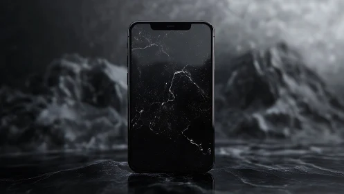 Black smartphone standing on reflective dark surface.