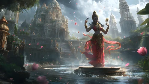Digital painting of river goddess before monumental temple complex.
