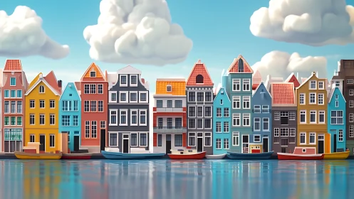 Color façades and canal boats align along reflective waterfront