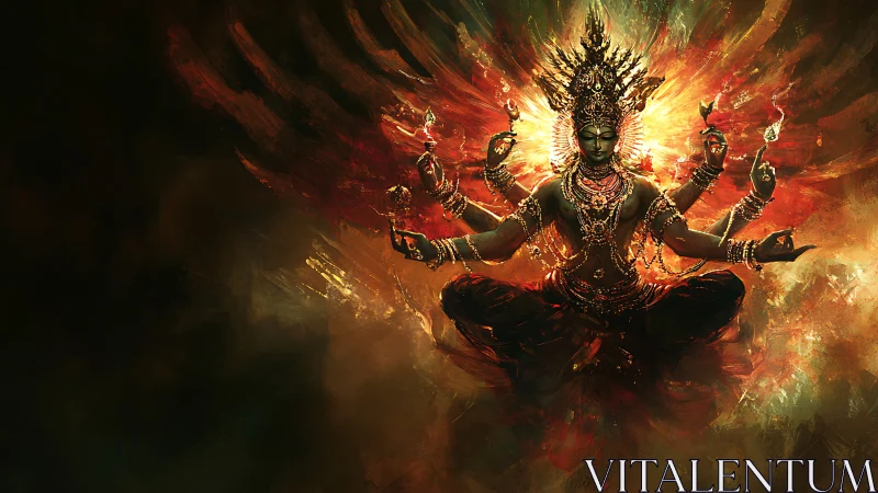 Multi-armed deity figure sits centered in fiery digital aura