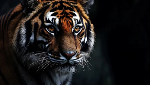 Close-up of tiger face with intense eyes on dark backdrop.