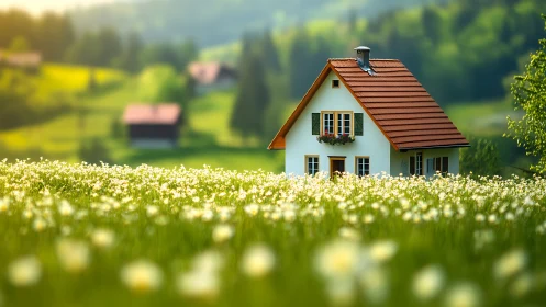 Country house stands in sharp focus amid blurred meadow