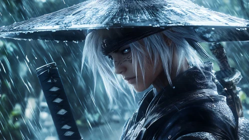 White haired warrior stands in heavy rain under wide hat
