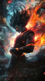 Starlit inferno warrior broods within cosmic stormfire.