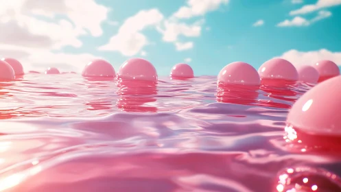 Pink reflective spheres emerge from a synthetic liquid surface