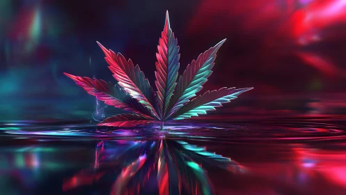 Neon cannabis leaf floating over electric reflective water.