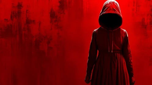 Hooded mystery figure in a bold red dream of suspense.