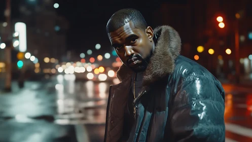 Man in heavy fur collar jacket on wet city street at night.