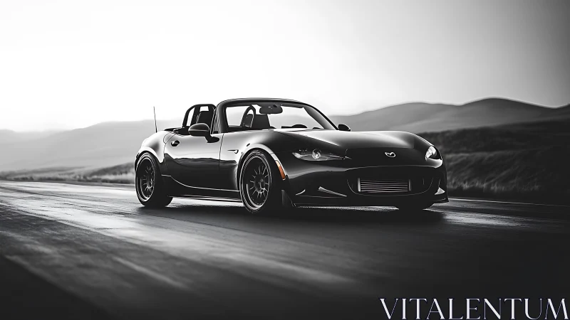 Black convertible sports car sits on wet open road at dusk
