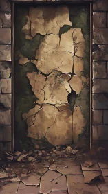 Cracked stone doorway with fragmented plaster surface design.