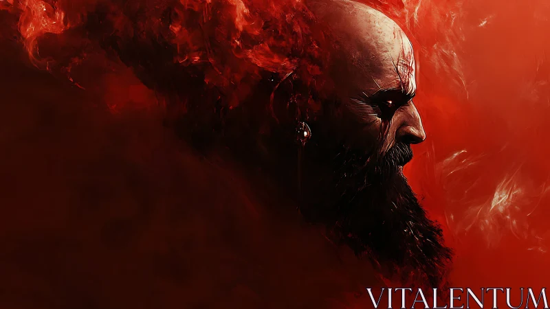 Brooding warrior profile dissolves into abstract crimson haze