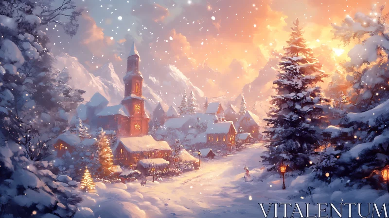 Digital painting of alpine village in glowing winter sunset snow.