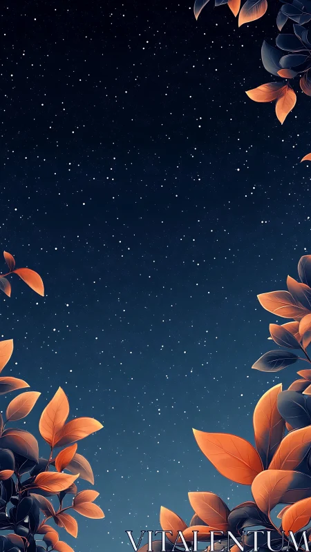 Orange foliage frames a serene star-sprinkled night sky.
