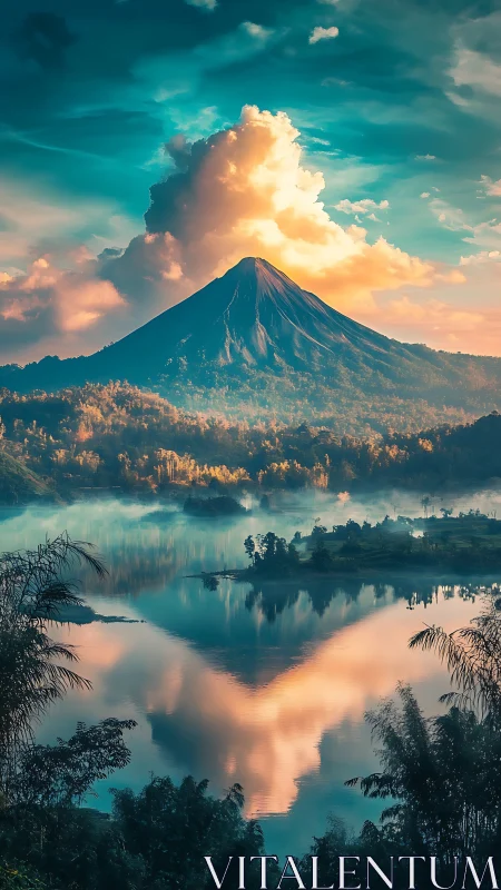 Volcanic cone mirrored in sunrise-lit tropical lake panorama.