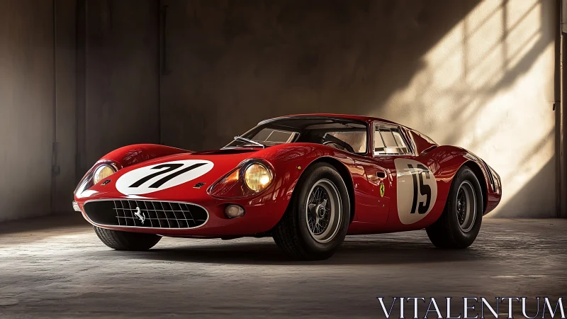 Classic red race car glowing in gentle golden garage light.