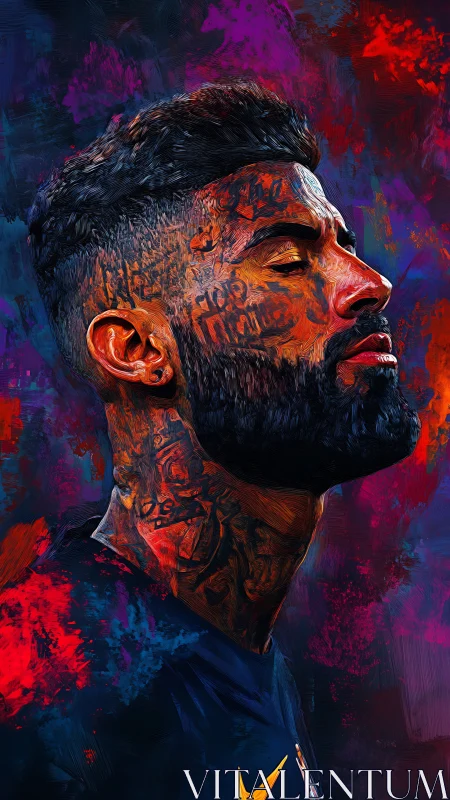 Calm portrait of a tattooed man in vivid painted colors.