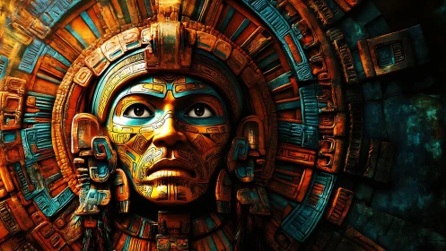 Radiant Aztec guardian mask within ornate stone calendar.