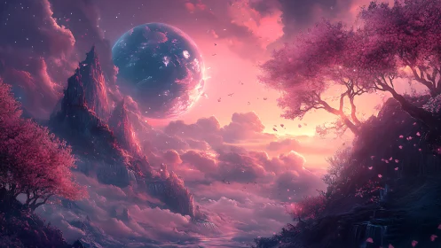 Vast pink alien landscape frames glowing planet over clouds
