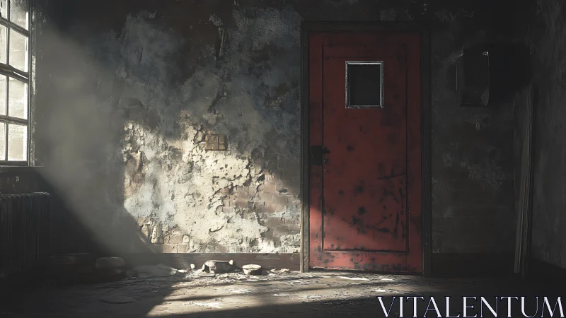 Weathered red door quietly brightens a forgotten room