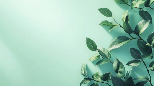 Green foliage branches on mint backdrop, soft daylight glow