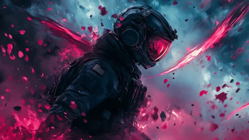 Lone space soldier strides through swirling neon storm shards