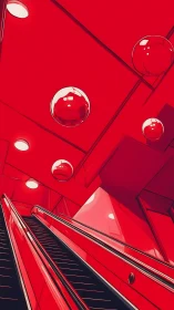Red escalator interior with reflective spheres overhead.
