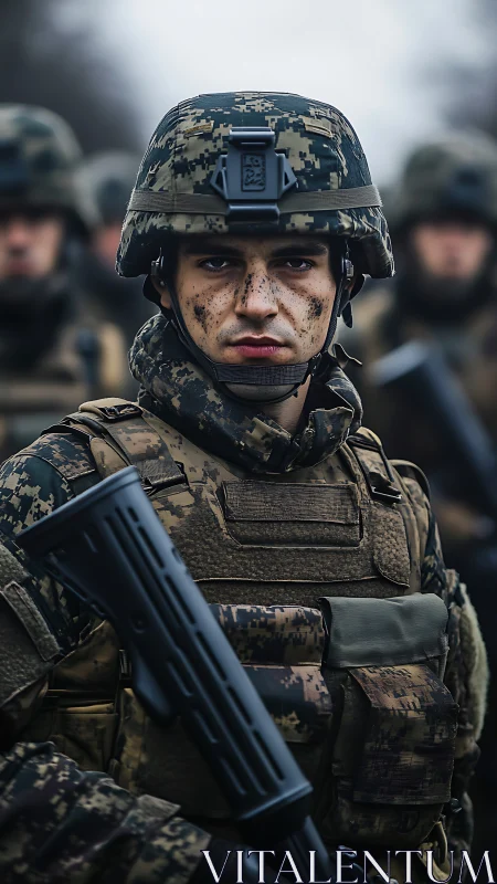 Soldier in camouflage gear with rifle during field drill.