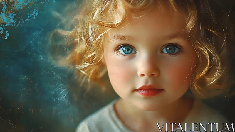 Digitally rendered child portrait with enhanced facial features and textured teal background