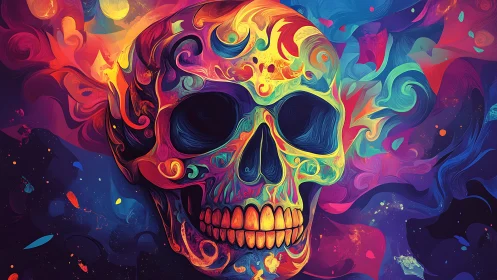 Skull rendered in dense neon gradients and swirling color fields