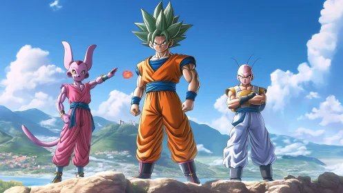 Triadic anime warriors stand against expansive valley backdrop